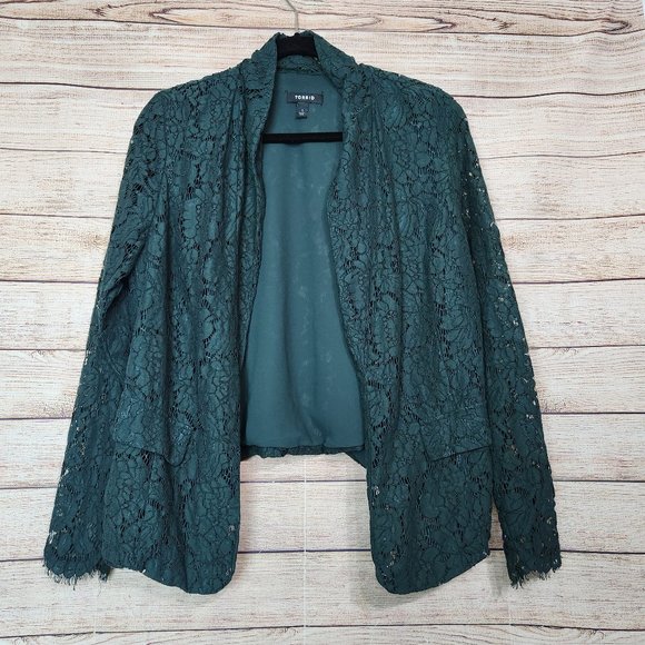 Torrid Blazer Women's Size 1 Dark Green Lace  Open Front Jacket Long Sleeve - Picture 1 of 15